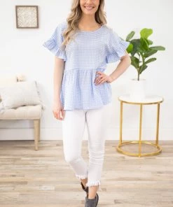 Staccato SHORT SLEEVES Cornflower And White Gingham Babydoll Top 10 Staccato SHORT SLEEVES Cornflower And White Gingham Babydoll Top