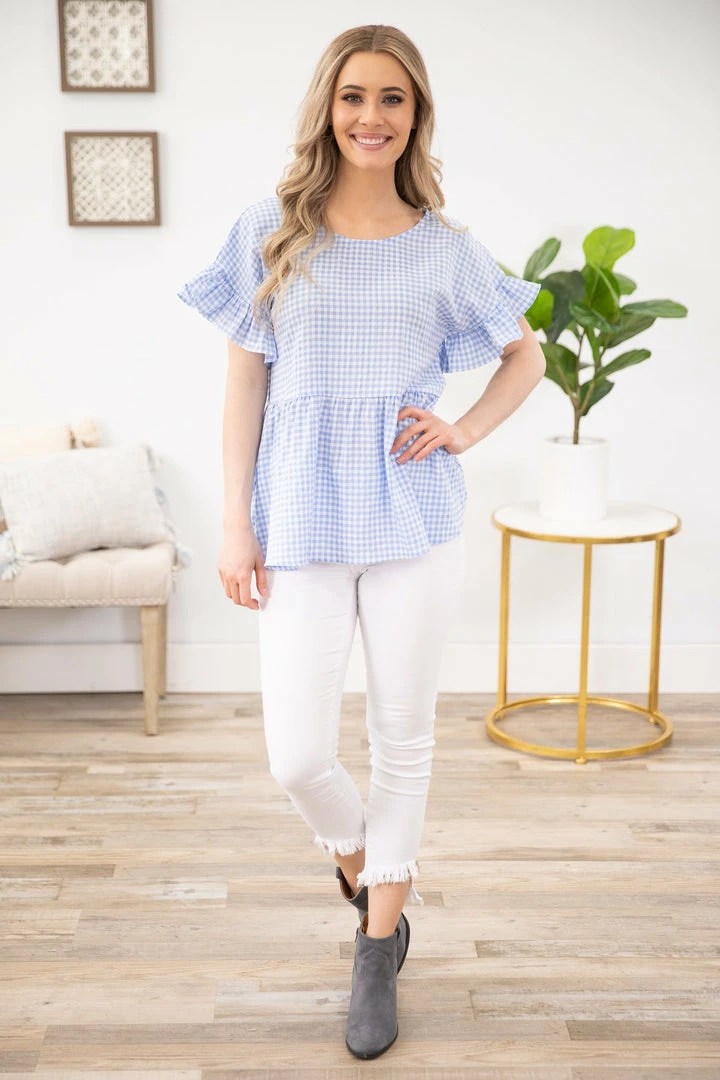 Staccato SHORT SLEEVES Cornflower And White Gingham Babydoll Top 5 Staccato SHORT SLEEVES Cornflower And White Gingham Babydoll Top