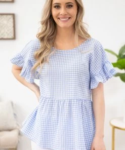 Staccato SHORT SLEEVES Cornflower And White Gingham Babydoll Top