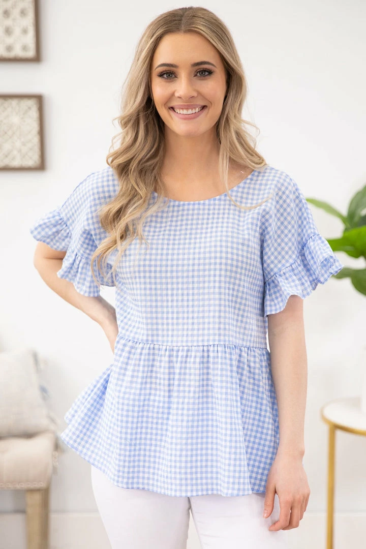 Staccato SHORT SLEEVES Cornflower And White Gingham Babydoll Top 4 Staccato SHORT SLEEVES Cornflower And White Gingham Babydoll Top