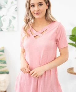 EC Collection SHORT SLEEVES Blush Rib Knit Criss-Cross Front Top