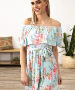 Lovely Melody Turquoise And Pink Floral Ruffle Top Dress Dresses