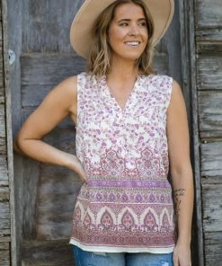 Staccato Ivory Multicolor Floral Border Print Tank Tops