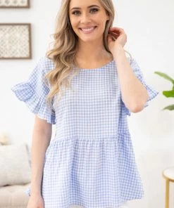 Staccato SHORT SLEEVES Cornflower And White Gingham Babydoll Top