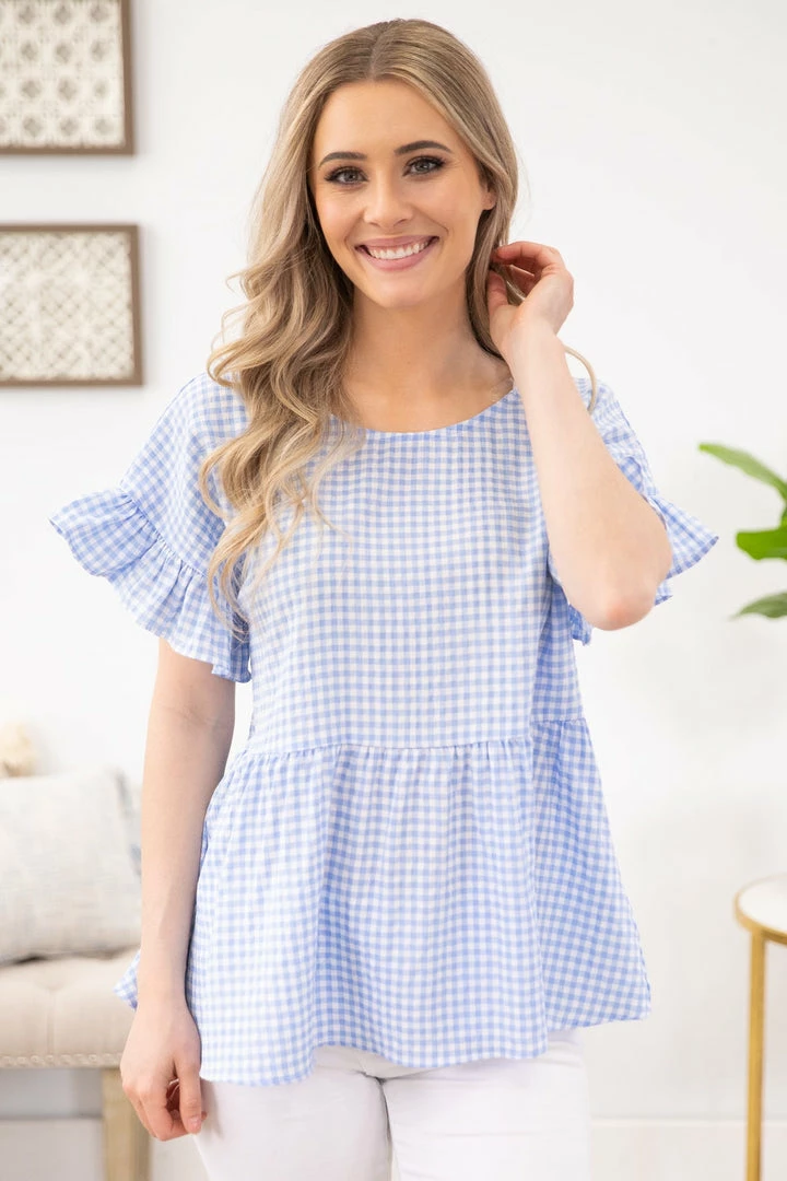 Staccato SHORT SLEEVES Cornflower And White Gingham Babydoll Top 3 Staccato SHORT SLEEVES Cornflower And White Gingham Babydoll Top