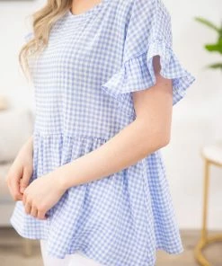 Staccato SHORT SLEEVES Cornflower And White Gingham Babydoll Top 13 Staccato SHORT SLEEVES Cornflower And White Gingham Babydoll Top
