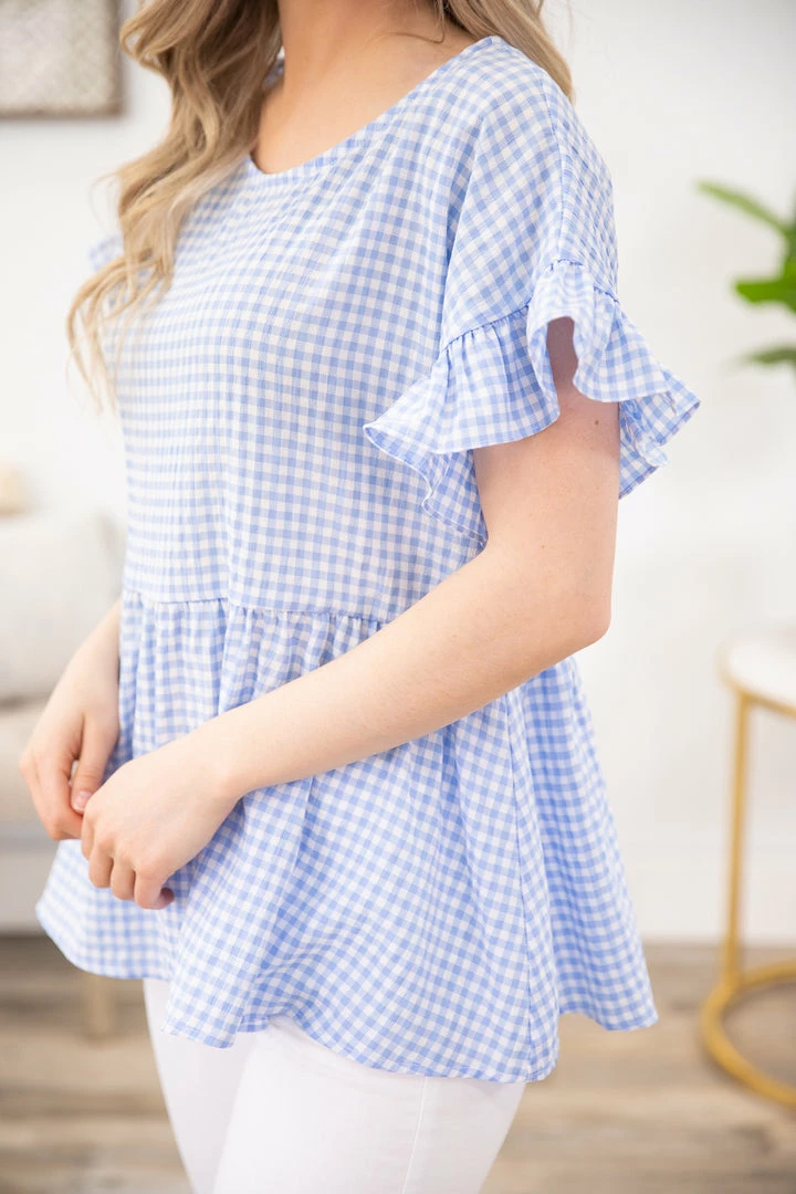 Staccato SHORT SLEEVES Cornflower And White Gingham Babydoll Top 8 Staccato SHORT SLEEVES Cornflower And White Gingham Babydoll Top