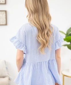 Staccato SHORT SLEEVES Cornflower And White Gingham Babydoll Top 12 Staccato SHORT SLEEVES Cornflower And White Gingham Babydoll Top