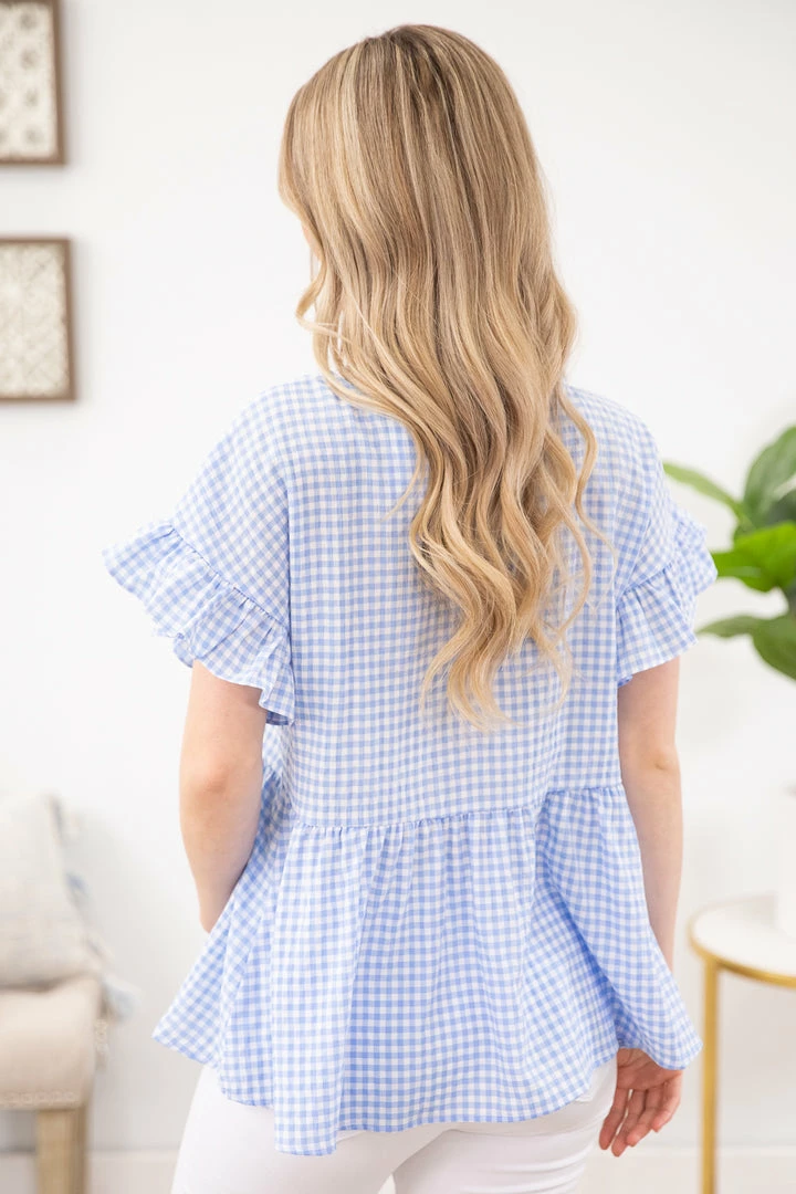 Staccato SHORT SLEEVES Cornflower And White Gingham Babydoll Top 7 Staccato SHORT SLEEVES Cornflower And White Gingham Babydoll Top