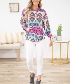 Avery Apparel SWEATSHIRTS & HOODIES Aqua And Fuchsia Ombre Aztec Print Hoodie