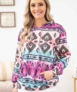 Avery Apparel SWEATSHIRTS & HOODIES Aqua And Fuchsia Ombre Aztec Print Hoodie