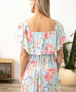 Lovely Melody Turquoise And Pink Floral Ruffle Top Dress Dresses