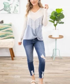 Hailey And Co Pastel Blue Chevron Colorblock Top LONG SLEEVES