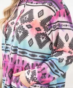 Avery Apparel SWEATSHIRTS & HOODIES Aqua And Fuchsia Ombre Aztec Print Hoodie