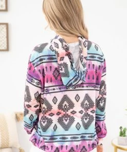 Avery Apparel SWEATSHIRTS & HOODIES Aqua And Fuchsia Ombre Aztec Print Hoodie