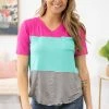 Heimish Tops Fuchsia And Turquoise Stripe Colorblock Top