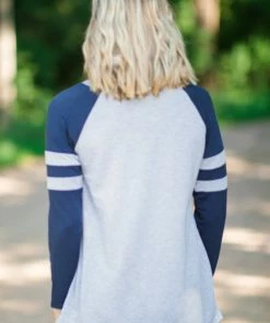 Hailey And Co Grey And Navy Varsity Stripe Sleeve Top Tops