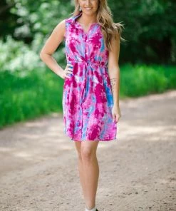 Solution Hot Pink And Blue Tie Dye Shirt Dress