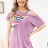 Avery Apparel SHORT SLEEVES Lavender Aztec Print Shoulder Cutout Top