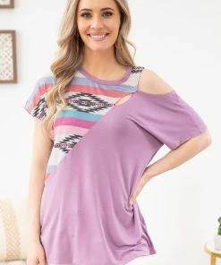 Avery Apparel SHORT SLEEVES Lavender Aztec Print Shoulder Cutout Top