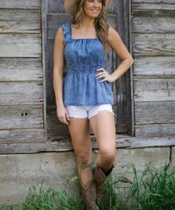 Doe & Rae Tops Dark Wash Bleached Shirred Waist Tank