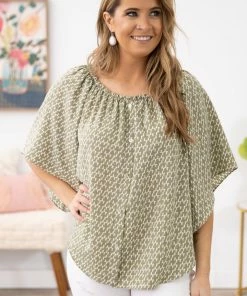 Spin USA Olive Geometric Print Off The Shoulder Top