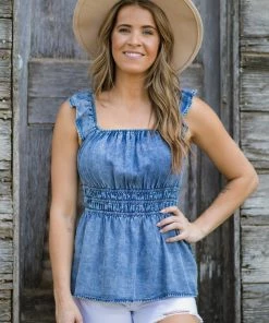 Doe & Rae Tops Dark Wash Bleached Shirred Waist Tank