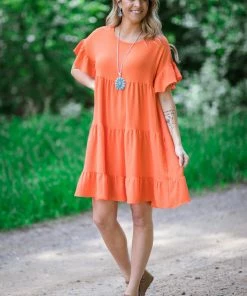 ADORA Orange Babydoll Ruffle Sleeve Dress