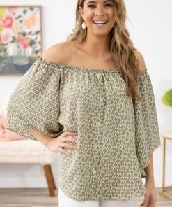 Spin USA Olive Geometric Print Off The Shoulder Top