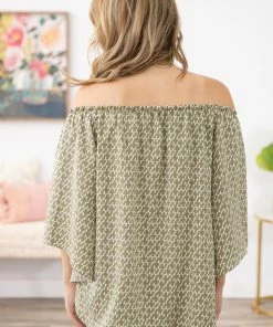 Spin USA Olive Geometric Print Off The Shoulder Top