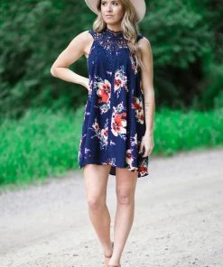 ADORA Tops Navy And Red Floral Crochet Lace Yoke Dress