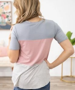 Heimish Tops Grey And Blush Stripe Colorblock Top