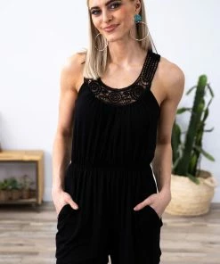 CY Fashion Black Embellished Neckline Romper With Pockets