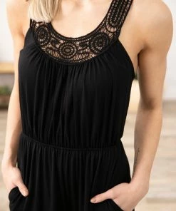 CY Fashion Black Embellished Neckline Romper With Pockets