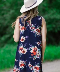 ADORA Tops Navy And Red Floral Crochet Lace Yoke Dress