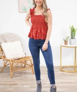 Shewin Red Ditsy Floral Smocked Bodice Tank TANK TOPS