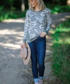 Sew In Love Light Olive Multicolor Camouflage Print Top