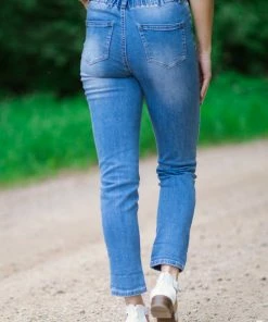 Grey Market Bottoms Medium Wash Distressed Elastic Waist Jeans