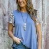 Storyteller Cornflower And Grey Lace Sleeve Top
