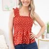 Shewin Red Ditsy Floral Smocked Bodice Tank TANK TOPS