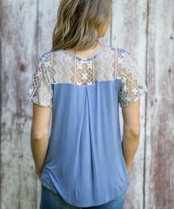 Storyteller Cornflower And Grey Lace Sleeve Top
