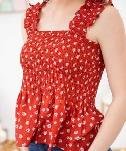 Shewin Red Ditsy Floral Smocked Bodice Tank TANK TOPS