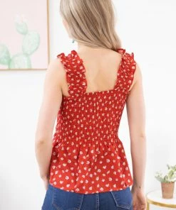 Shewin Red Ditsy Floral Smocked Bodice Tank TANK TOPS