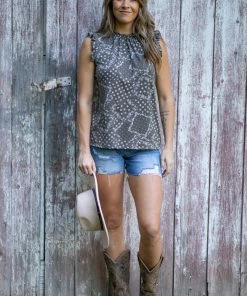 Acting Pro Tops Olive Ruffle Trim Paisley Patchwork Tank