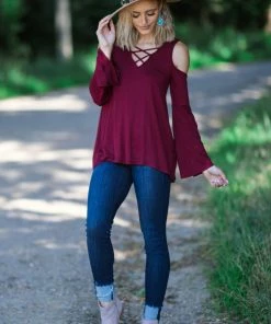 Hailey And Co Burgundy Cold Shoulder Criss-Cross Front Top Tops 8 Hailey And Co Burgundy Cold Shoulder Criss-Cross Front Top Tops