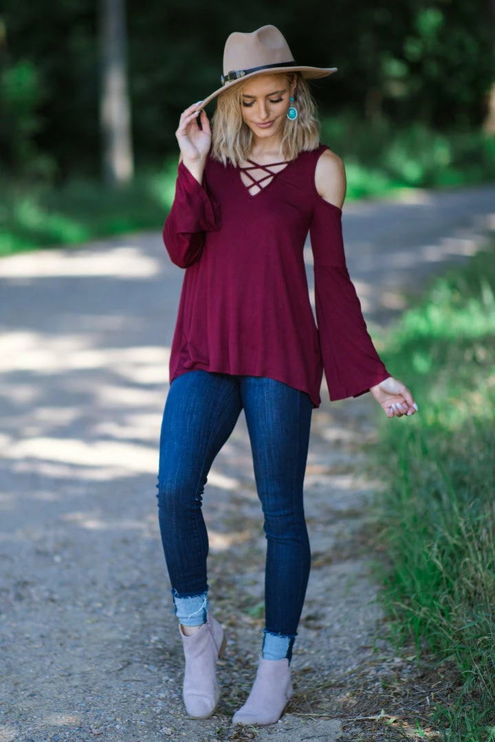Hailey And Co Burgundy Cold Shoulder Criss-Cross Front Top Tops 5 Hailey And Co Burgundy Cold Shoulder Criss-Cross Front Top Tops