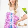 Andree By Unit SHORT SLEEVES Pink And Purple Colorblock Floral Print Top