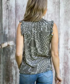 Acting Pro Tops Olive Ruffle Trim Paisley Patchwork Tank