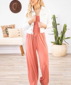 Zenana Coral Smocked Bodice Strapless Jumpsuit Dresses