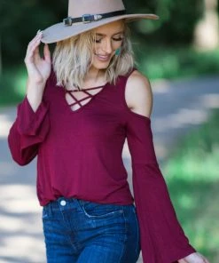 Hailey And Co Burgundy Cold Shoulder Criss-Cross Front Top Tops